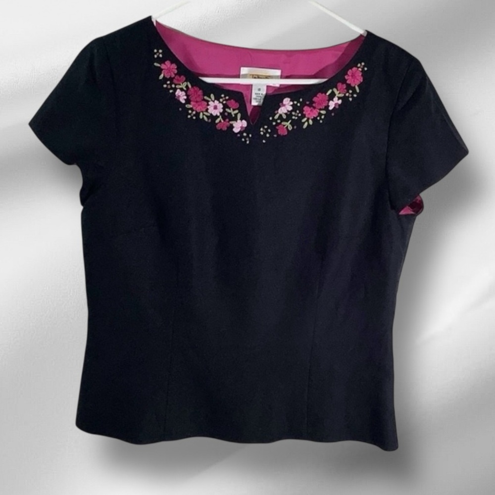 Talbots Linen Blend Floral Embroidered Casual Top Lined Women Size 10